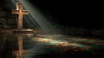 Mysterious cross in dark cavern with light reflecting on water surface photo