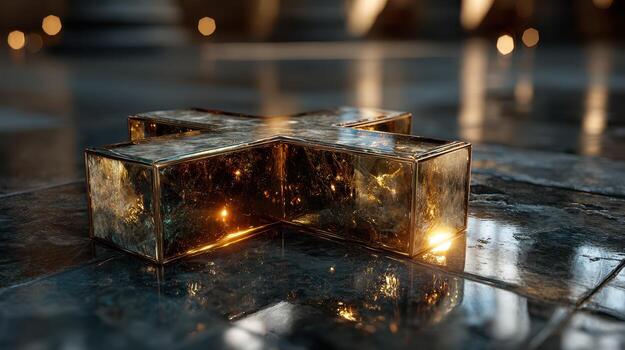 Golden cross resting on polished marble floor in a serene and elegant setting during soft ambient lighting photo