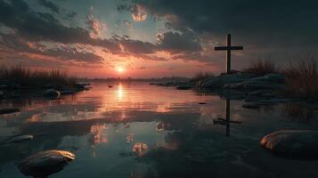 Serenity at dusk with a cross reflected in the calm waters at a peaceful lakeside location photo