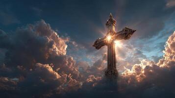 Majestic cross emitting light through dramatic clouds during sunset photo
