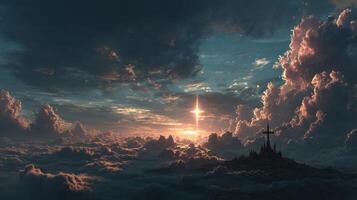 Majestic sunrise illuminating clouds above a distant castle on a serene landscape at twilight photo