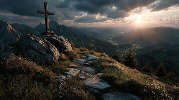 Sunset at mountain cross, highlighting serene landscape and spiritual reflection in nature's beauty photo