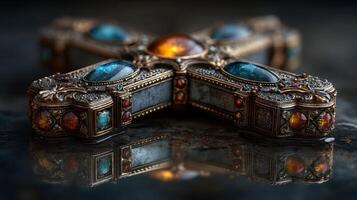 Intricate antique cross with colorful gemstones resting on a reflective surface in a dimly lit setting photo