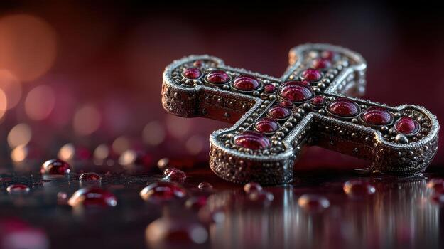 Intricate silver cross adorned with red gems resting on a reflective surface with dew drops at twilight photo