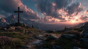 Sunset view of a cross overlooking mountains and valleys in a tranquil landscape photo