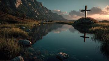 Reflection of a wooden cross in calm waters at twilight near rocky mountains photo
