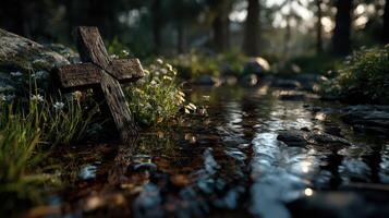 Wooden cross near a tranquil stream surrounded by flowers in a peaceful forest setting at dusk photo