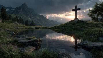 Sunset reflection over a serene mountain pond with a cross in a tranquil landscape photo