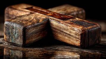 Wood cross placed on a rustic wooden table showcasing intricate details and textures photo