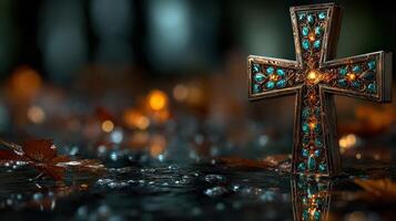 Unique decorative cross surrounded by autumn leaves and soft lighting creates a tranquil atmosphere photo