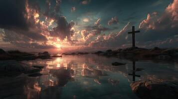 Sunrise reflections by the water with a cross in the foreground and dramatic clouds in the background photo