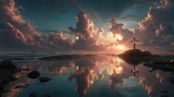 Sunset reflecting on calm waters with a cross on a rocky shore near the ocean photo