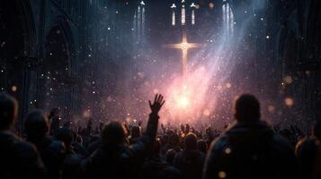 Crowd gathers in a cathedral for a spiritual service featuring a prominent cross illuminated by soft light photo