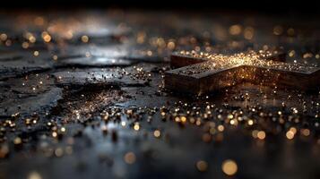 Shimmering cross surrounded by glowing particles on dark surface at twilight photo