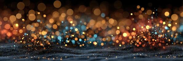Colorful bokeh lights create a shimmering effect on a dark background in a festive setting during nighttime photo