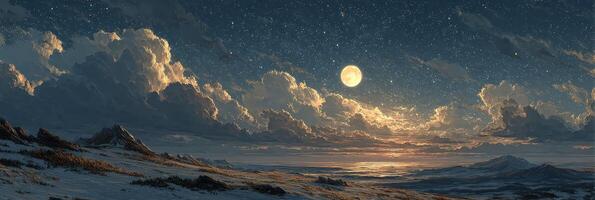 Night sky over a tranquil landscape illuminated by a full moon and stars photo