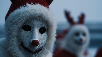 Unique winter festival features performers in festive costumes with masks and vibrant outfits in a snowy setting photo