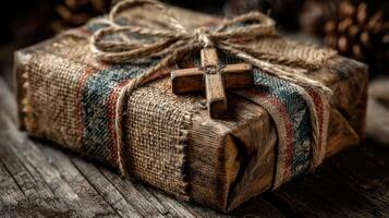 Beautifully wrapped gift with rustic charm featuring a wooden cross and textured fabric on a weathered wooden surface photo