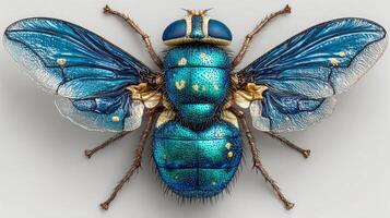 Blue insect with intricate details and gold accents, displayed against a neutral background during a bright light setting photo