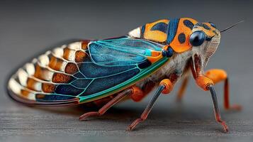 Vibrant cicada perched on a smooth surface showcasing intricate colors and textures in natural light photo