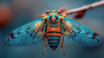 Vibrant cicada perched on a branch showcasing intricate wing patterns in a natural setting during daylight photo