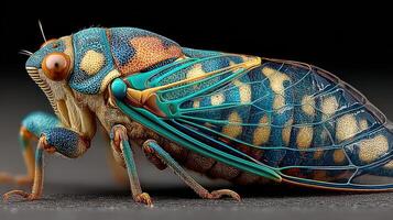 Brightly colored cicada showcasing intricate patterns and textures in close-up view against a dark background photo