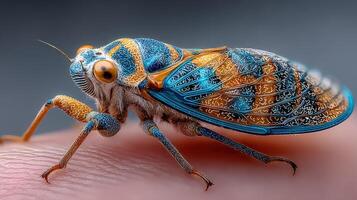 Close-up view of an intricately patterned insect resting on a fingertip showcasing vivid colors and fine details photo