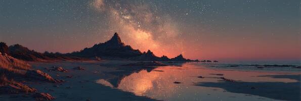 Night sky over a tranquil beach with a stunning view of the Milky Way and rocky formations at dusk photo