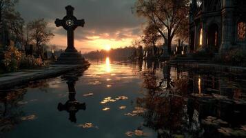 Celtic cross beside a tranquil lake at sunset showcasing a serene and reflective evening photo