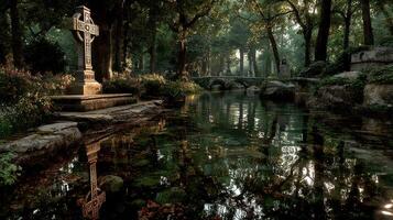 Tranquil reflection of a Celtic cross in a serene forest setting during early morning light photo