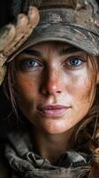 Woman with striking blue eyes in military attire poses outdoors during overcast weather, showcasing strength and resilience photo