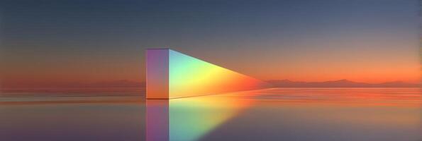 Colorful light emanates from a reflective prism at sunset over a calm body of water in a serene landscape photo