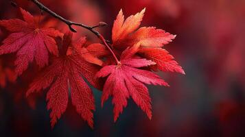 Vibrant red maple leaves glowing in autumn sunlight against a blurred background photo