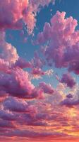 Vibrant sunset sky filled with cotton candy clouds in shades of pink and orange over a tranquil horizon photo