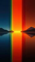 Vibrant sunset reflecting on calm waters with colorful gradients across the sky and mountains in the background photo