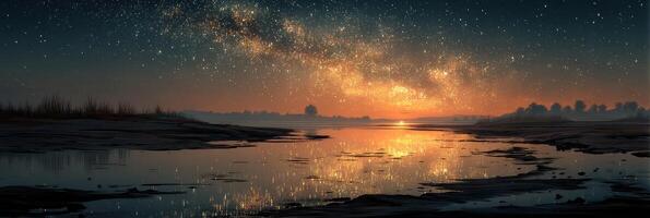Majestic night sky reflecting on calm waters amid a tranquil landscape during twilight hours photo