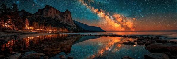 Captivating night sky over tranquil waters with mountains at lakeside under the Milky Way in Yosemite National Park photo