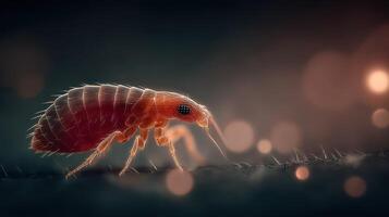 Close-up view of a flea exploring its environment with blurred background effects photo