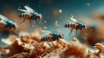 Close-up of colorful flies feeding on organic material in a warm environment photo
