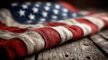 American flag draped on rustic wooden surface highlighting its colors and texture in a cozy, nostalgic atmosphere photo