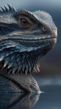 Detailed close-up of a bearded dragon in tranquil water reflecting its unique features and textures photo
