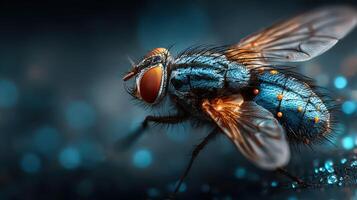 Close-up view of a colorful fly with distinctive features in a blurred background showcasing details of nature photo
