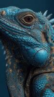 Vibrant blue lizard displays intricate skin patterns in close-up capture at nature conservation center exhibit photo