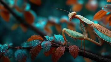 Praying mantis perched on a branch amidst vivid foliage in a serene garden setting photo