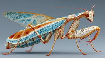 Colorful mantis displays intricate patterns while perched on a surface in a natural habitat during daylight hours photo