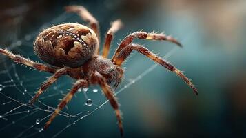 Brown spider weaving delicate web in soft light with glistening droplets at twilight photo