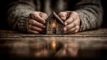 Hands holding a small wooden church model with a glowing cross symbol during a quiet evening at home photo