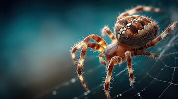 Close-up view of a spider weaving its intricate web in a natural habitat during dusk photo