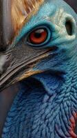 Close-up view of a colorful cassowary showing intricate details of its feathers and facial features in a natural habitat photo