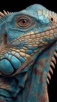 Close-up view of a vibrant blue lizard showcasing intricate textures and details in a natural setting photo